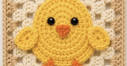 A crochet granny square featuring a bright yellow chick appliqué with wings, orange feet, and a beige-and-cream border.