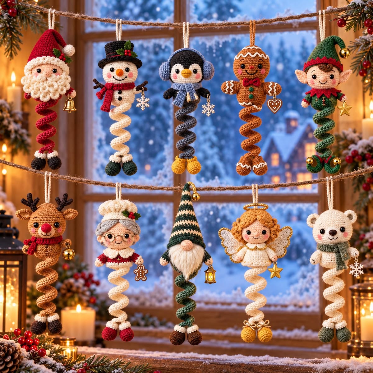 A set of crocheted Christmas amigurumi ornaments with spiral bodies, including Santa, snowman, penguin, gingerbread, elf, reindeer, granny, gnome, angel, and bear, hanging in front of a window.