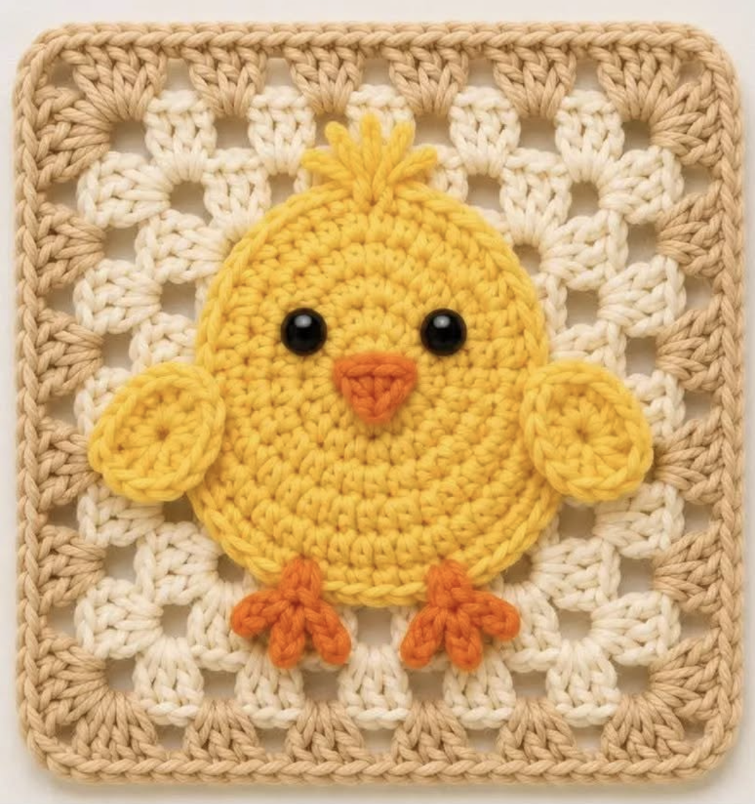 A crochet granny square featuring a bright yellow chick appliqué with wings, orange feet, and a beige-and-cream border.