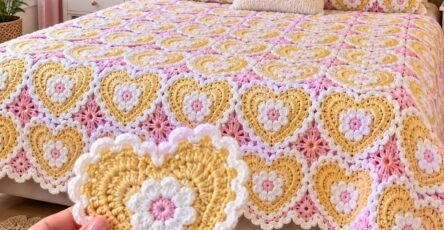 Crocheted heart motif afghan blanket with matching pillows in pastel yellow, pink, and white on a bed.