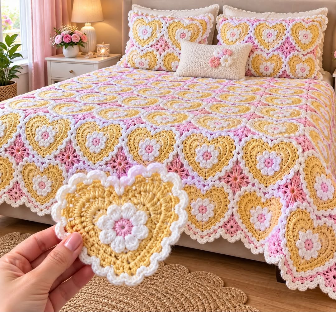 Crocheted heart motif afghan blanket with matching pillows in pastel yellow, pink, and white on a bed.