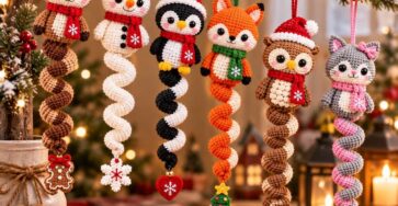 Six crochet Christmas spiral animal ornaments—reindeer, snowman, penguin, fox, owl, and cat—hanging from a decorated tree branch.
