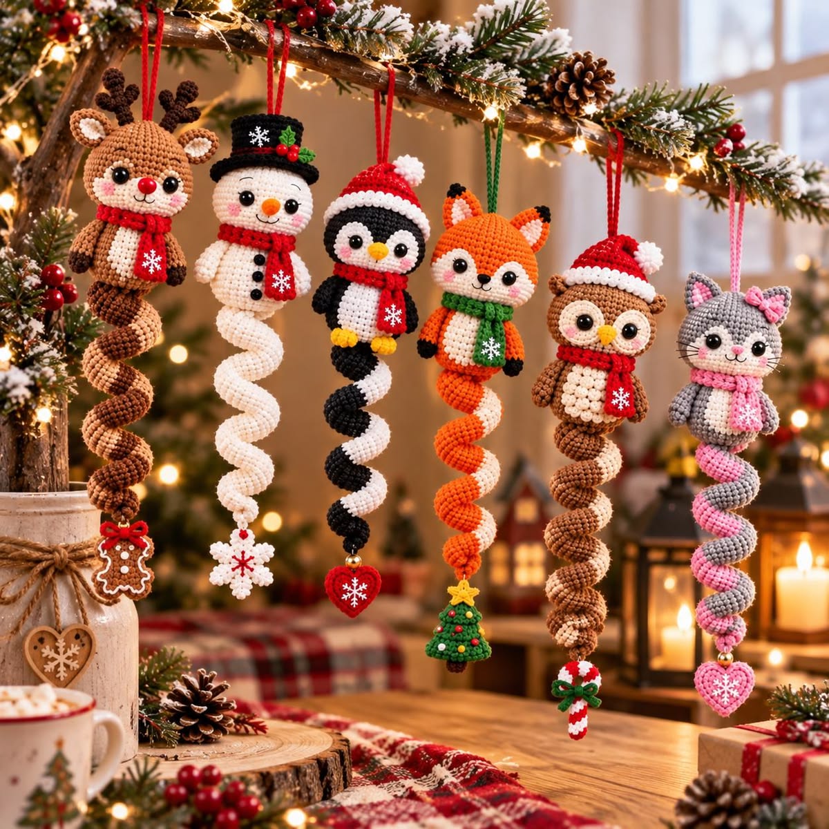 Six crochet Christmas spiral animal ornaments—reindeer, snowman, penguin, fox, owl, and cat—hanging from a decorated tree branch.