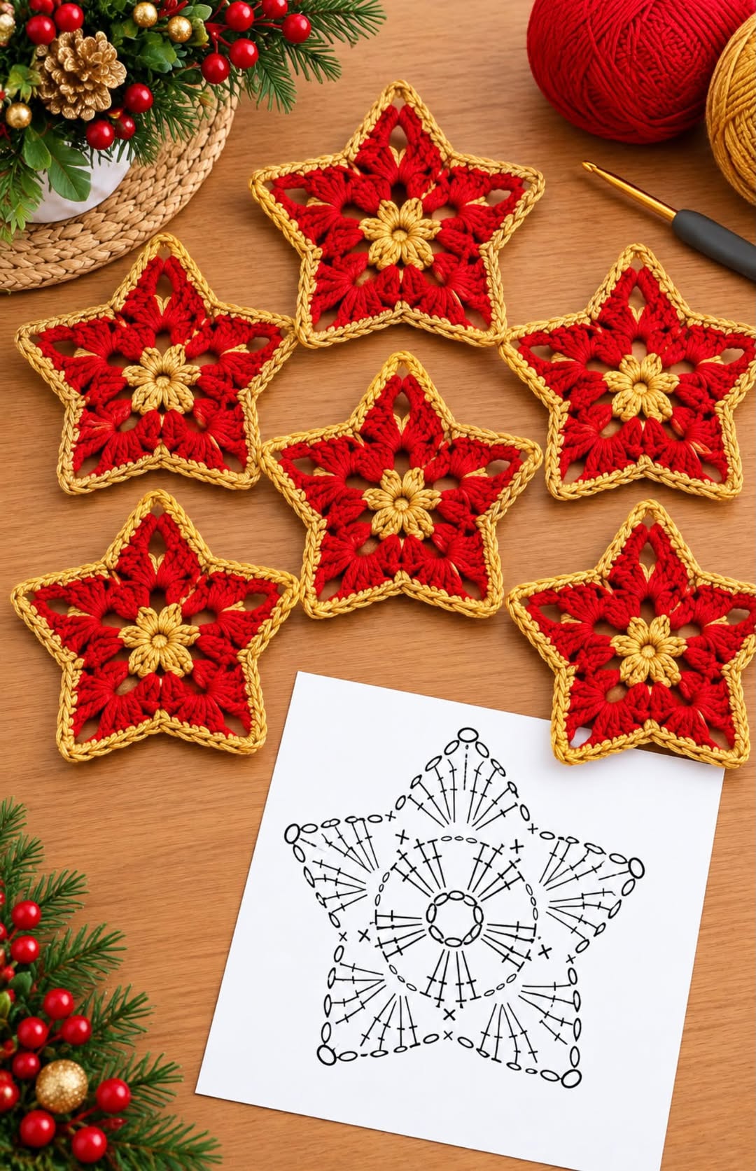 Six crocheted red and gold star motifs with an openwork design, ideal for coasters or festive decoration, displayed on a wooden table.