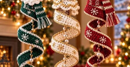Three crocheted Christmas ornaments shaped as a spiral Santa, tree, and snowman hanging from a branch.