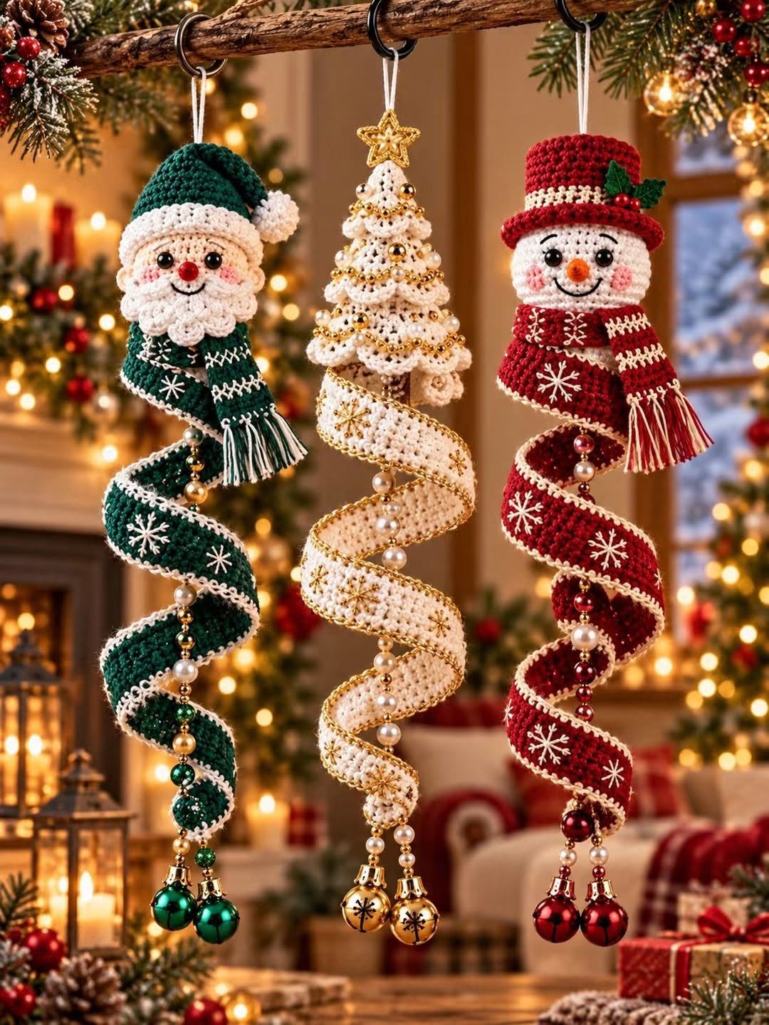 Three crocheted Christmas ornaments shaped as a spiral Santa, tree, and snowman hanging from a branch.
