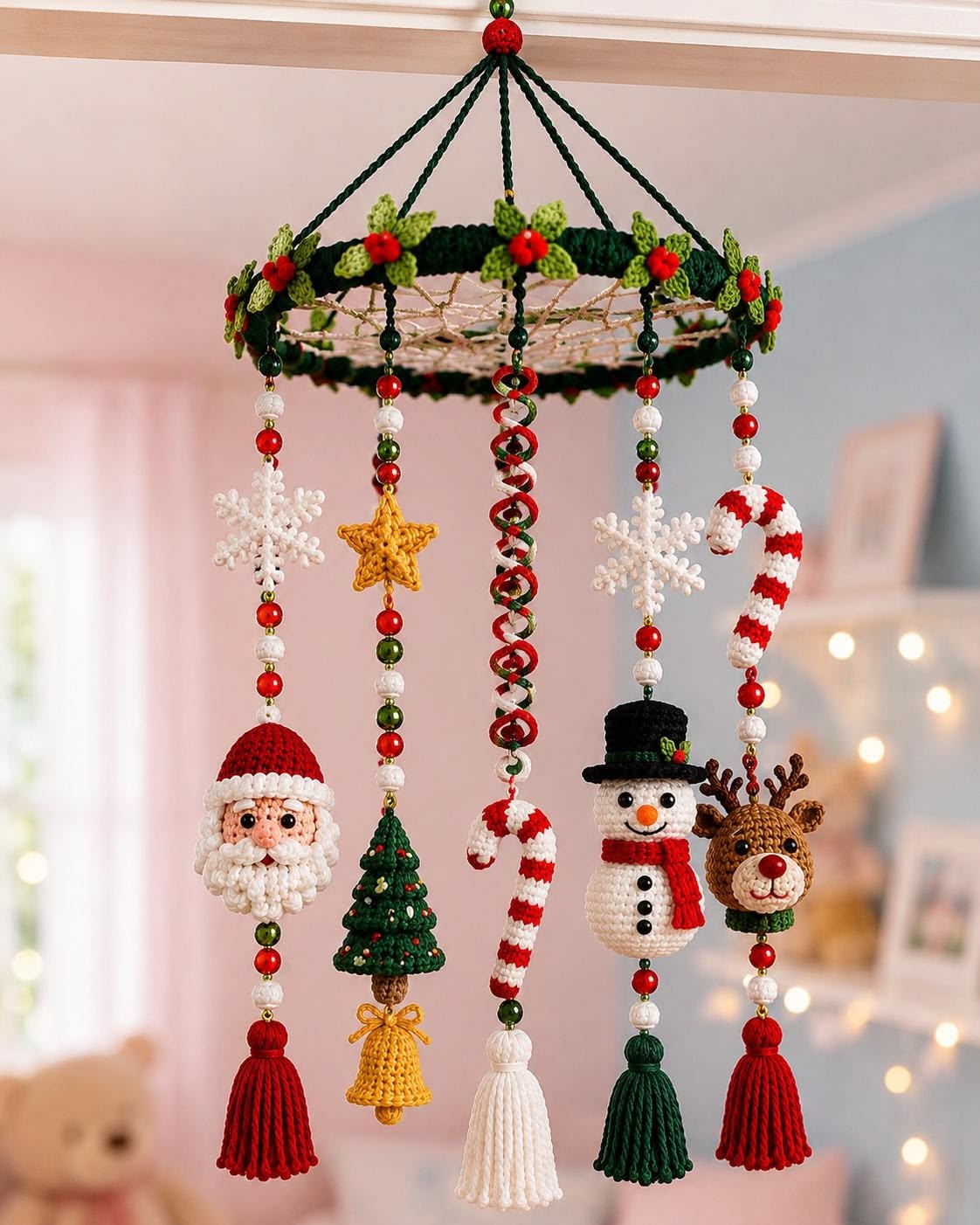 A colorful crochet Christmas mobile with Santa, snowman, reindeer, Christmas tree, candy canes, snowflakes, and stars hanging from a decorated circular frame.