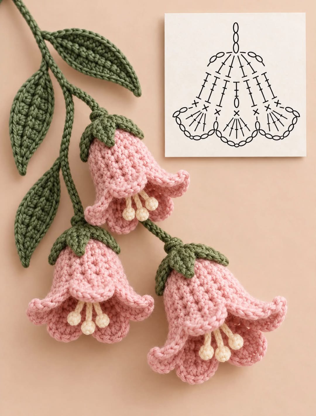 Three crocheted pink bell flowers with green leaves and stems, along with a crochet diagram for the flower shape.
