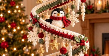 A festive crochet spiral mobile decorated with snowflakes, stars, berries, and a crocheted penguin, hanging in a cozy holiday living room.