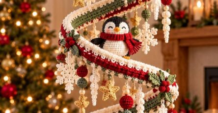 A festive crochet spiral mobile decorated with snowflakes, stars, berries, and a crocheted penguin, hanging in a cozy holiday living room.