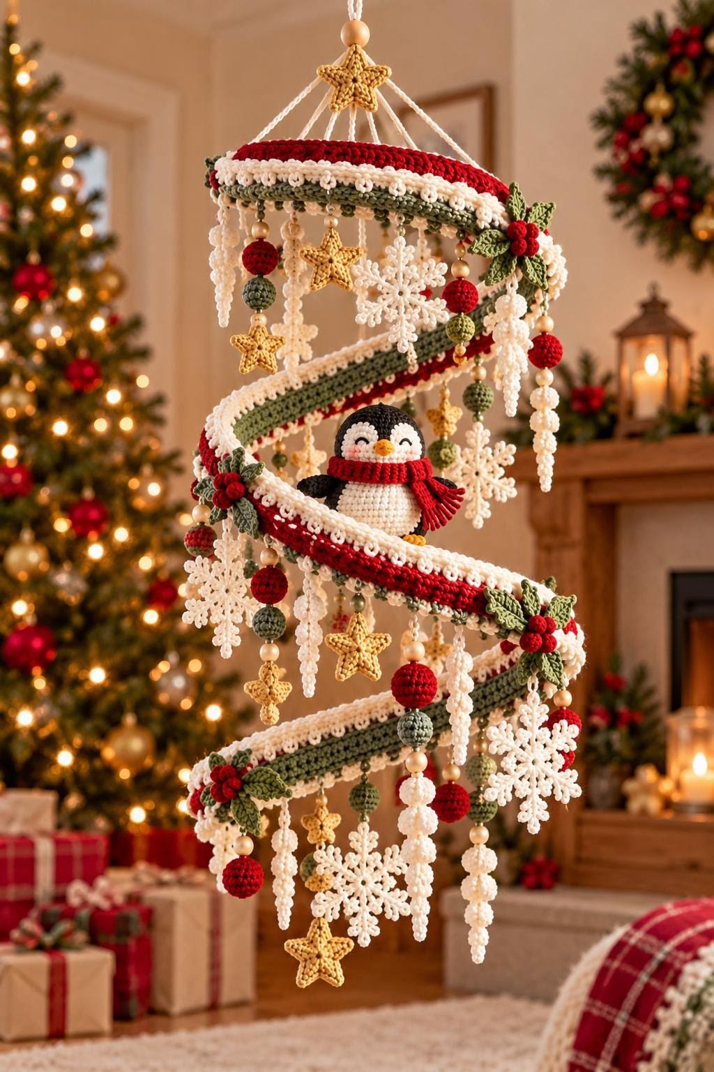 A festive crochet spiral mobile decorated with snowflakes, stars, berries, and a crocheted penguin, hanging in a cozy holiday living room.