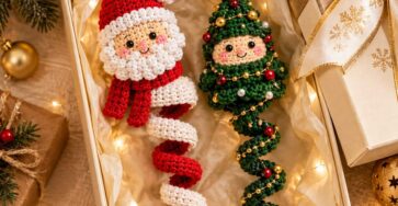 Two crochet ornaments: a spiral Santa with a red hat and scarf, and a Christmas tree with spiral garland, both in a gift box with festive decorations.