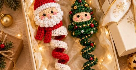 Two crochet ornaments: a spiral Santa with a red hat and scarf, and a Christmas tree with spiral garland, both in a gift box with festive decorations.