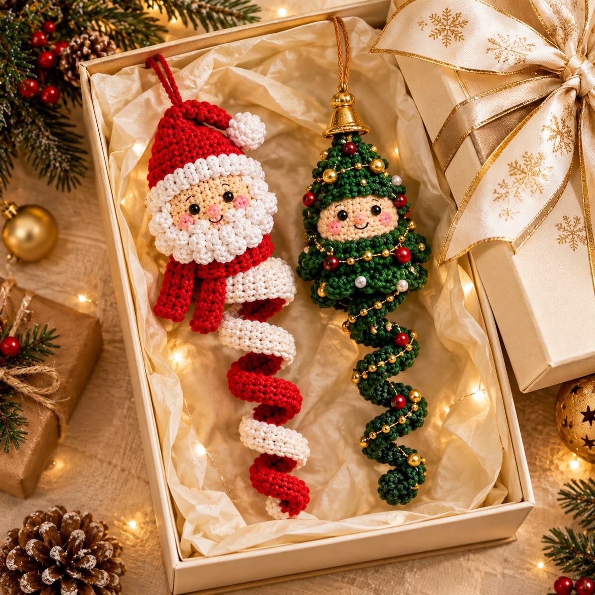 Two crochet ornaments: a spiral Santa with a red hat and scarf, and a Christmas tree with spiral garland, both in a gift box with festive decorations.