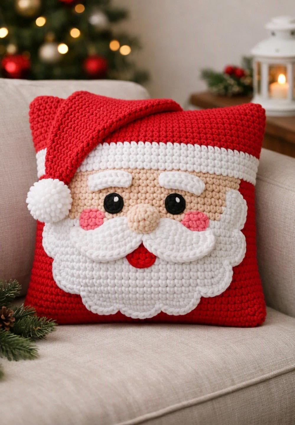 Crochet Santa Claus pillow with red hat, white beard, and cute facial features, displayed on a couch in a holiday setting.