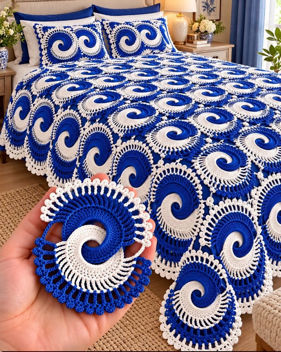 A crocheted bedspread made from blue and white spiral motifs with scalloped edges, draped over a bed, with a hand holding a single crochet motif in the foreground.