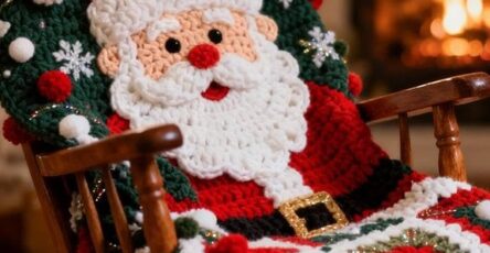 A crocheted afghan draped over a rocking chair, featuring a Santa Claus face motif and festive granny squares in red, green, and white.