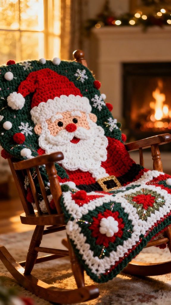 A crocheted afghan draped over a rocking chair, featuring a Santa Claus face motif and festive granny squares in red, green, and white.