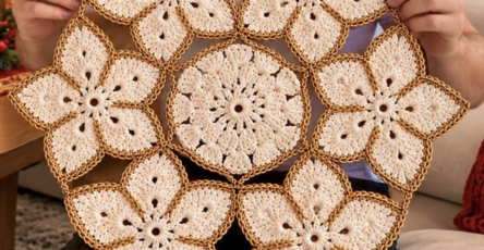 A hand-crocheted centerpiece made of cream and gold floral motifs joined into a round decorative mat.