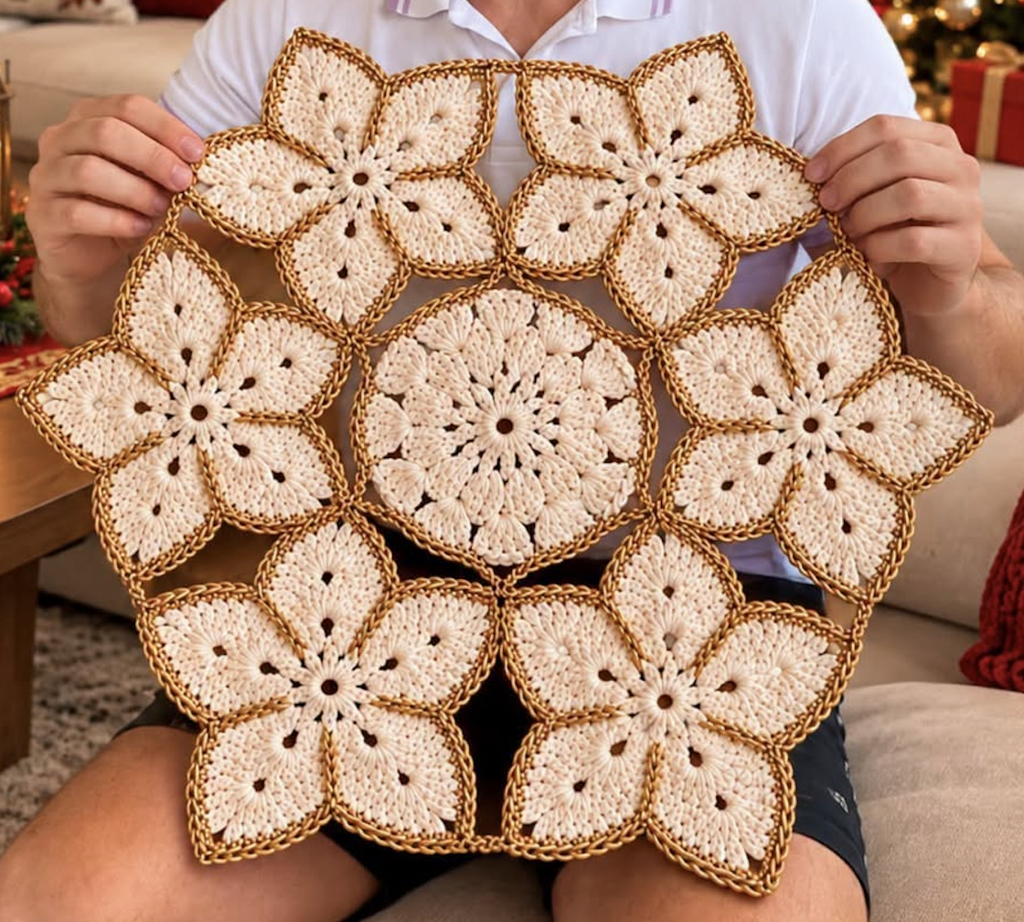 A hand-crocheted centerpiece made of cream and gold floral motifs joined into a round decorative mat.