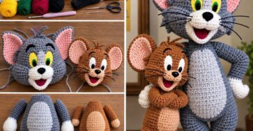 Crocheted amigurumi dolls inspired by Tom and Jerry, with separate body parts and yarn laid out for crafting.