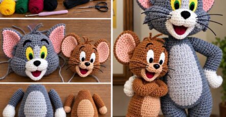 Crocheted amigurumi dolls inspired by Tom and Jerry, with separate body parts and yarn laid out for crafting.