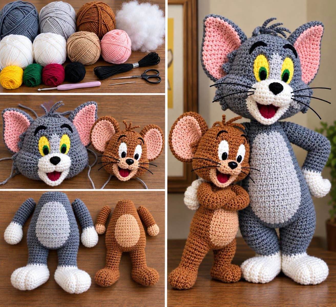 Crocheted amigurumi dolls inspired by Tom and Jerry, with separate body parts and yarn laid out for crafting.
