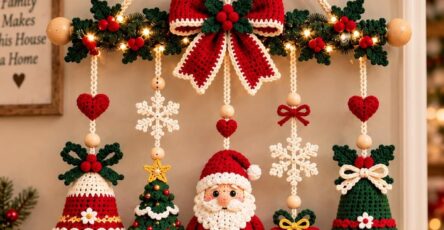 Crochet Christmas wall hanging with Santa, trees, bells, snowflakes, hearts, bows, and garland, all in festive red, green, and white colors.