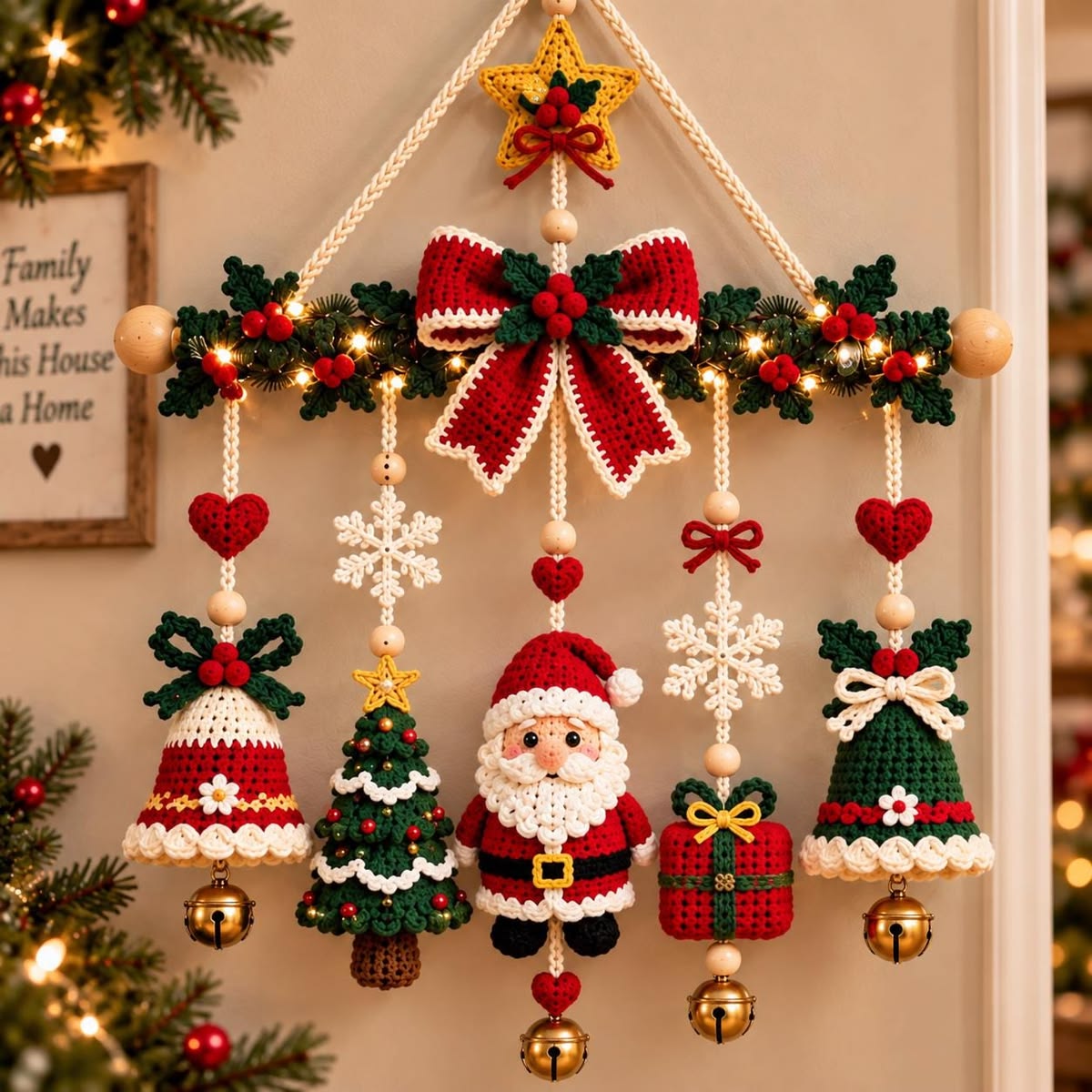 Crochet Christmas wall hanging with Santa, trees, bells, snowflakes, hearts, bows, and garland, all in festive red, green, and white colors.