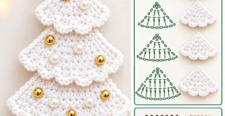 A crocheted white Christmas tree ornament with a yellow star topper, four scalloped tree layers, gold and pearl beads, and a brown trunk.