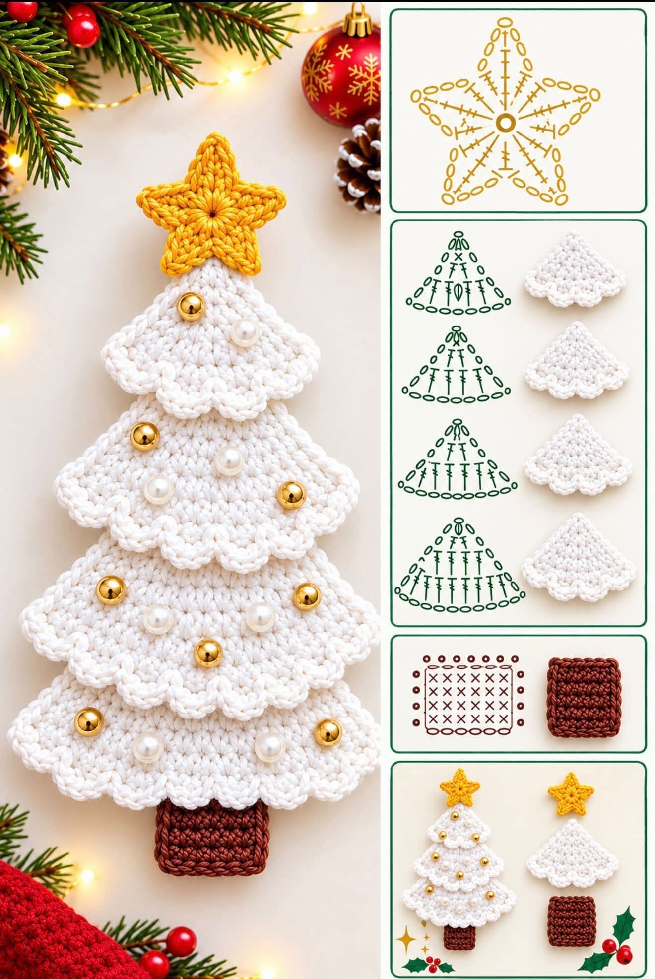 A crocheted white Christmas tree ornament with a yellow star topper, four scalloped tree layers, gold and pearl beads, and a brown trunk.