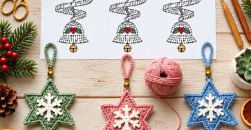 A crochet ornament shaped like a spiral Christmas tree with a textured star on top and a bell with holly leaves at the bottom.