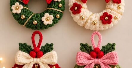 Four colorful handmade crochet Christmas wreath ornaments with flowers, bows, holly leaves, and bells.
