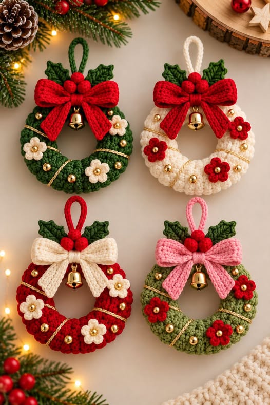 Four colorful handmade crochet Christmas wreath ornaments with flowers, bows, holly leaves, and bells.