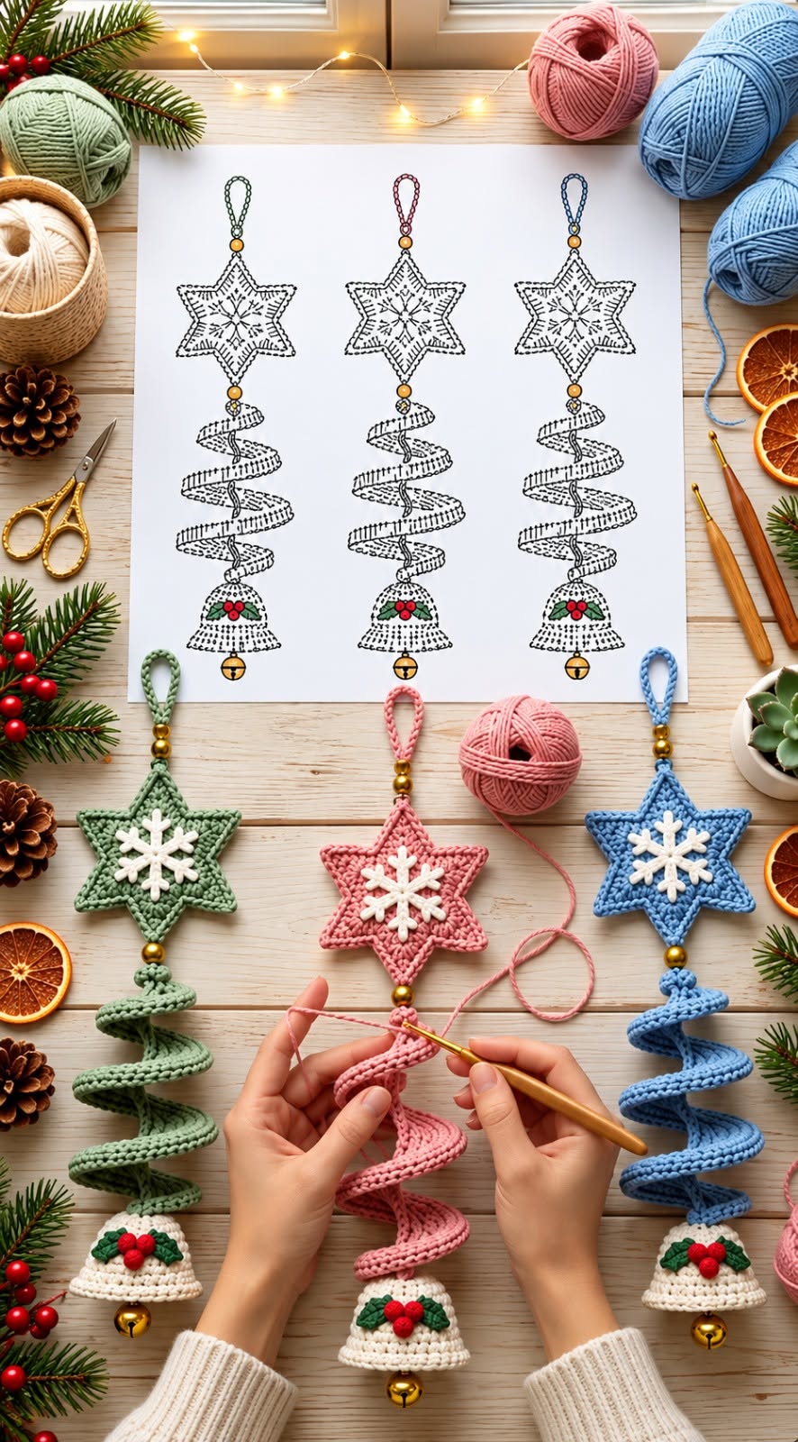 A crochet ornament shaped like a spiral Christmas tree with a textured star on top and a bell with holly leaves at the bottom.