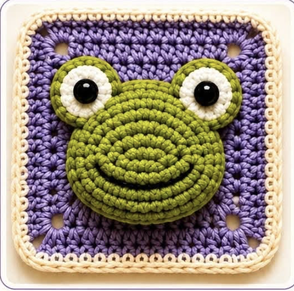 A 3D crochet granny square featuring a raised green frog face with large eyes, set against a purple background and cream border.