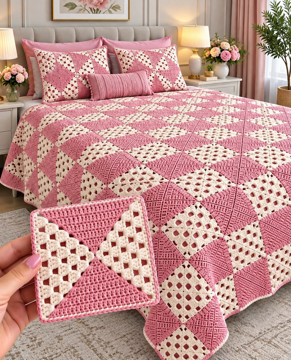 A pink and cream crochet quilt and pillows on a bed, made from modern granny squares, with a close-up of one square in the foreground.