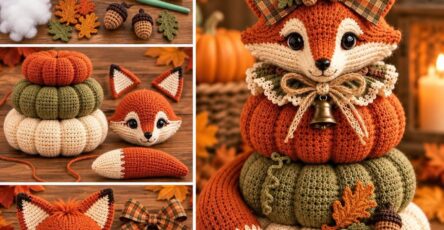 Crochet autumn fox amigurumi with a bow, sitting on stacked pumpkins, decorated with leaves and acorns.