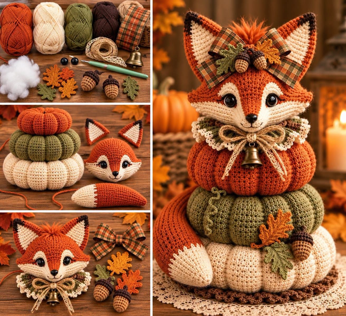 Crochet autumn fox amigurumi with a bow, sitting on stacked pumpkins, decorated with leaves and acorns.