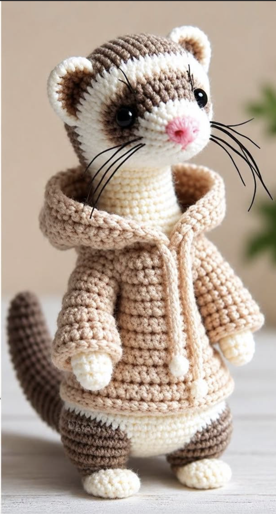 Crocheted ferret amigurumi toy wearing a beige hoodie with realistic whiskers and shaded colorwork.