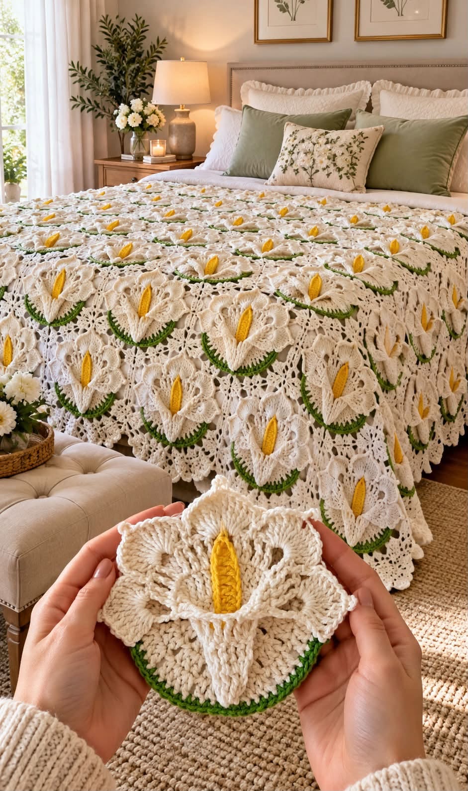 A crocheted bedspread with white calla lily flower motifs, green leaves, and yellow centers on a bed. Hands hold one of the floral crochet motifs in the foreground.