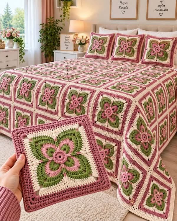 A floral granny square crochet blanket and matching cushion covers with a three-dimensional pink flower and green leaves in each square.