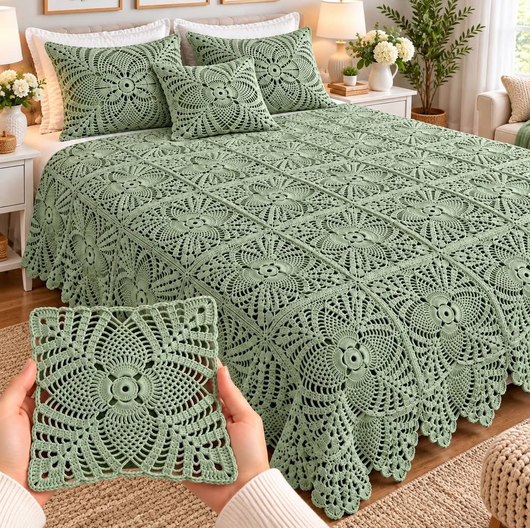 Light sage green crocheted bedspread with matching pillows, featuring intricate lacy square motifs in a bright and elegant bedroom.