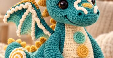 A crocheted amigurumi dragon plush toy in teal, cream, and gold featuring spiral buttons, spikes, large eyes, and detailed wings.