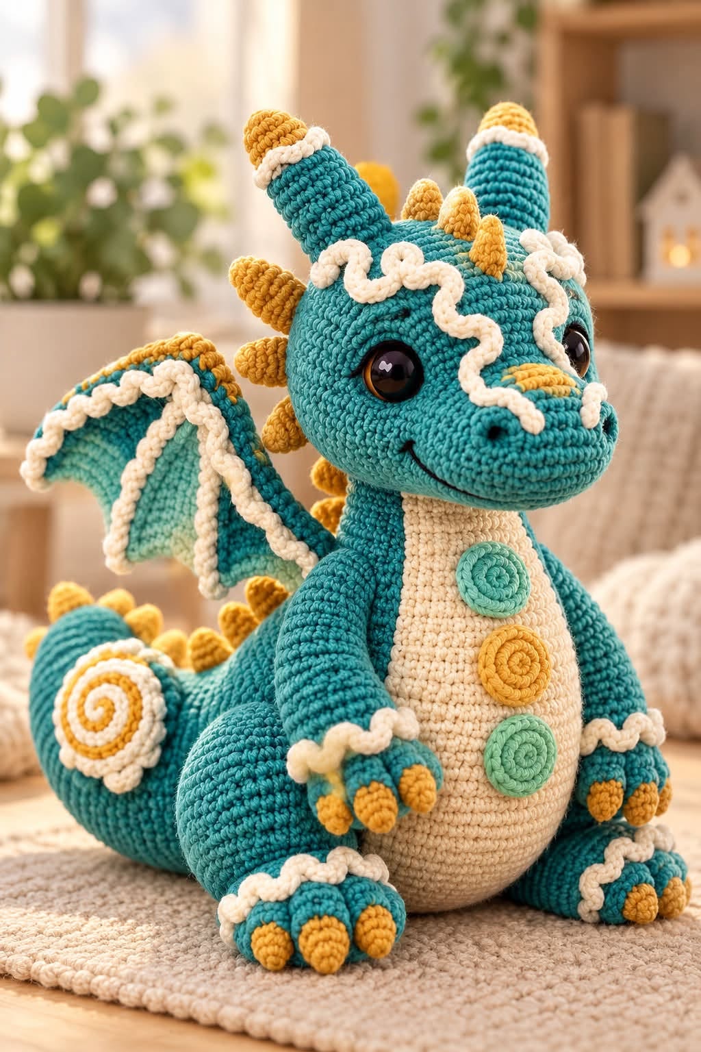 A crocheted amigurumi dragon plush toy in teal, cream, and gold featuring spiral buttons, spikes, large eyes, and detailed wings.