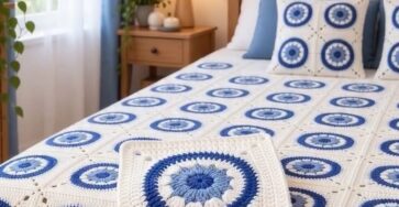 A crochet blanket and pillow set featuring concentric blue and white circular motifs inside squares, arranged across a bed with matching decor.