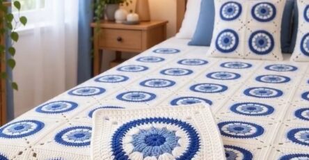 A crochet blanket and pillow set featuring concentric blue and white circular motifs inside squares, arranged across a bed with matching decor.