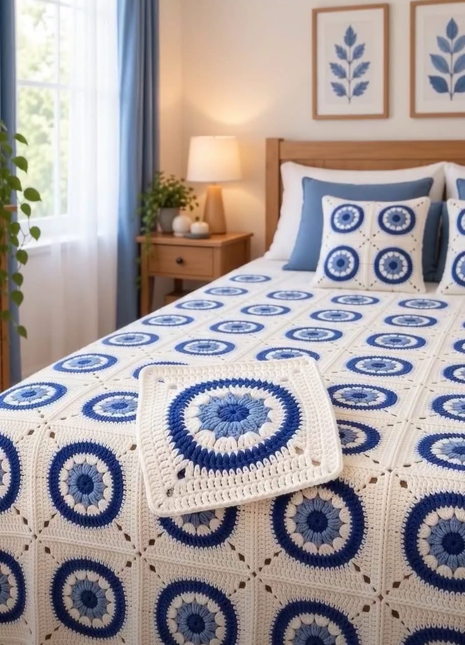 A crochet blanket and pillow set featuring concentric blue and white circular motifs inside squares, arranged across a bed with matching decor.
