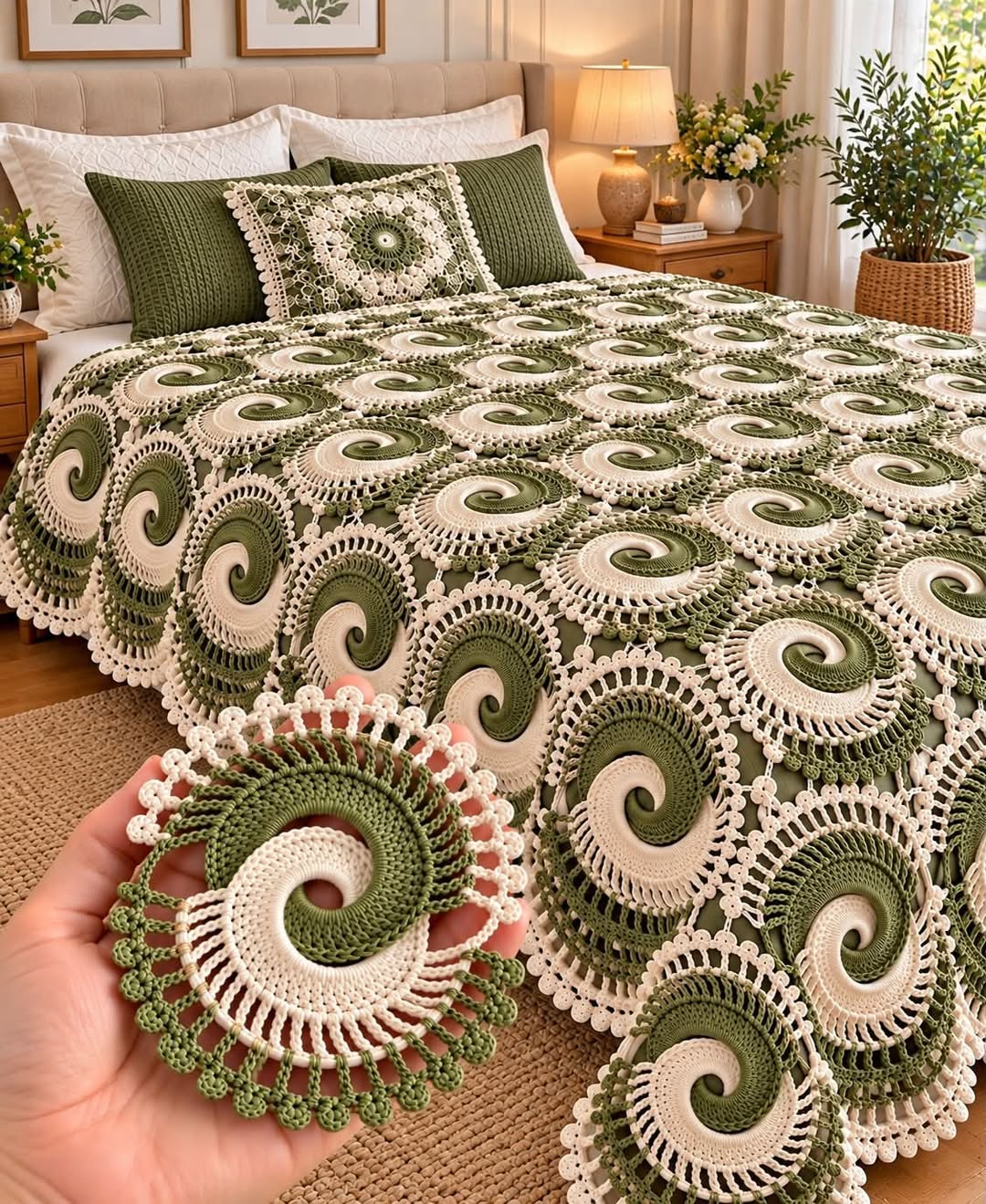Green and cream swirl motif crochet blanket on a bed, with a hand holding a single motif in the foreground.