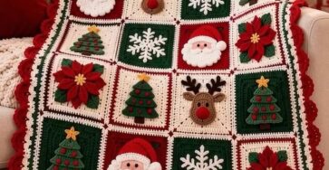 A colorful crocheted Christmas blanket made of squares featuring Santa faces, reindeer, Christmas trees, snowflakes, and poinsettia flowers.